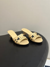 CHANEL 26S HIGH HEEL MULE IN BEIGE LAMBSKIN WITH GOLD TONE CC LOGO