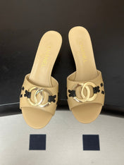 CHANEL 26S HIGH HEEL MULE IN BEIGE LAMBSKIN WITH GOLD TONE CC LOGO