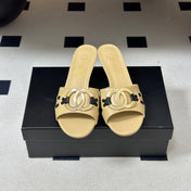 CHANEL 26S HIGH HEEL MULE IN BEIGE LAMBSKIN WITH GOLD TONE CC LOGO