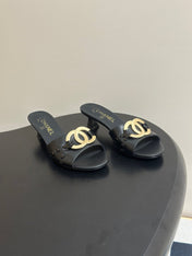 CHANEL 26S HIGH HEEL MULE IN BLACK LAMBSKIN WITH GOLD TONE CC LOGO