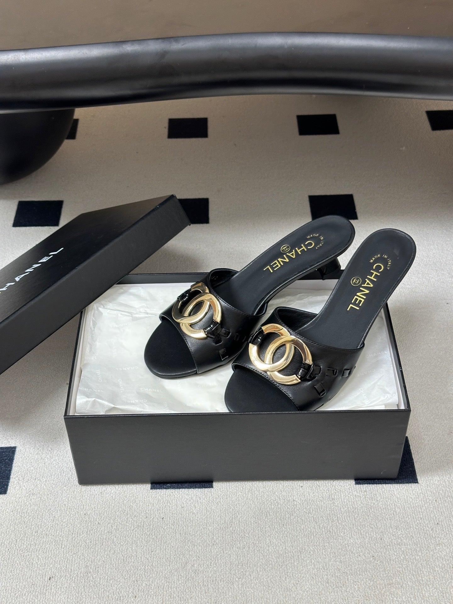 CHANEL 26S HIGH HEEL MULE IN BLACK LAMBSKIN WITH GOLD TONE CC LOGO