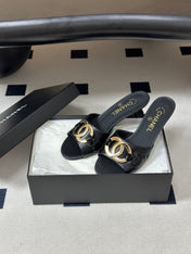 CHANEL 26S HIGH HEEL MULE IN BLACK LAMBSKIN WITH GOLD TONE CC LOGO