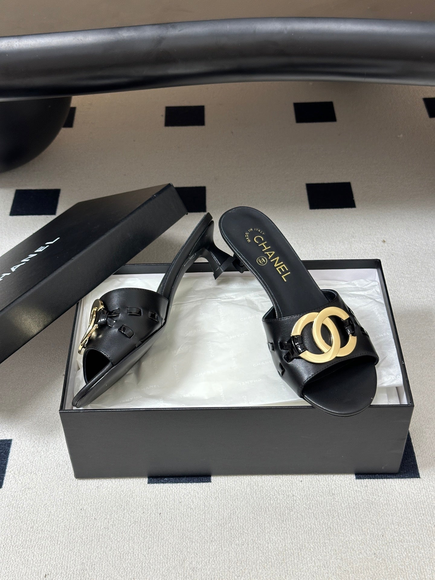 CHANEL 26S HIGH HEEL MULE IN BLACK LAMBSKIN WITH GOLD TONE CC LOGO