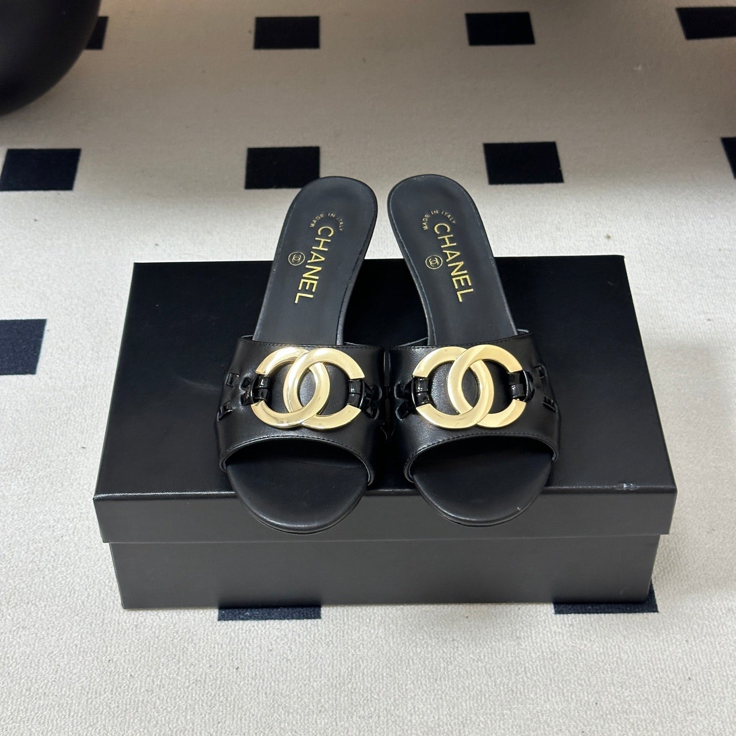 CHANEL 26S HIGH HEEL MULE IN BLACK LAMBSKIN WITH GOLD TONE CC LOGO