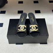 CHANEL 26S HIGH HEEL MULE IN BLACK LAMBSKIN WITH GOLD TONE CC LOGO