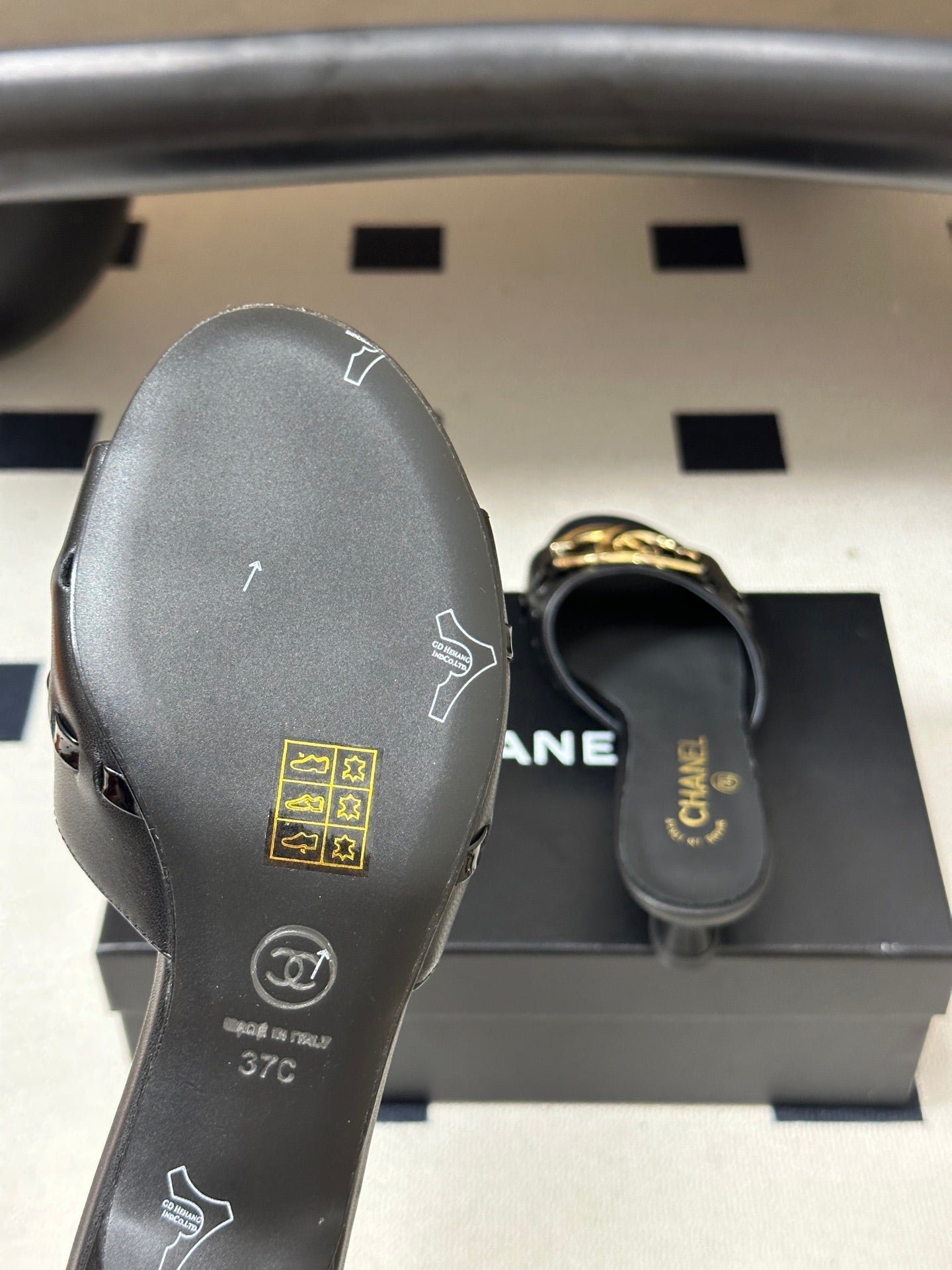 CHANEL 26S HIGH HEEL MULE IN BLACK LAMBSKIN WITH GOLD TONE CC LOGO