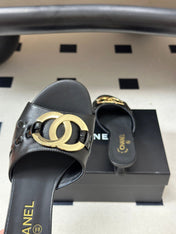 CHANEL 26S HIGH HEEL MULE IN BLACK LAMBSKIN WITH GOLD TONE CC LOGO