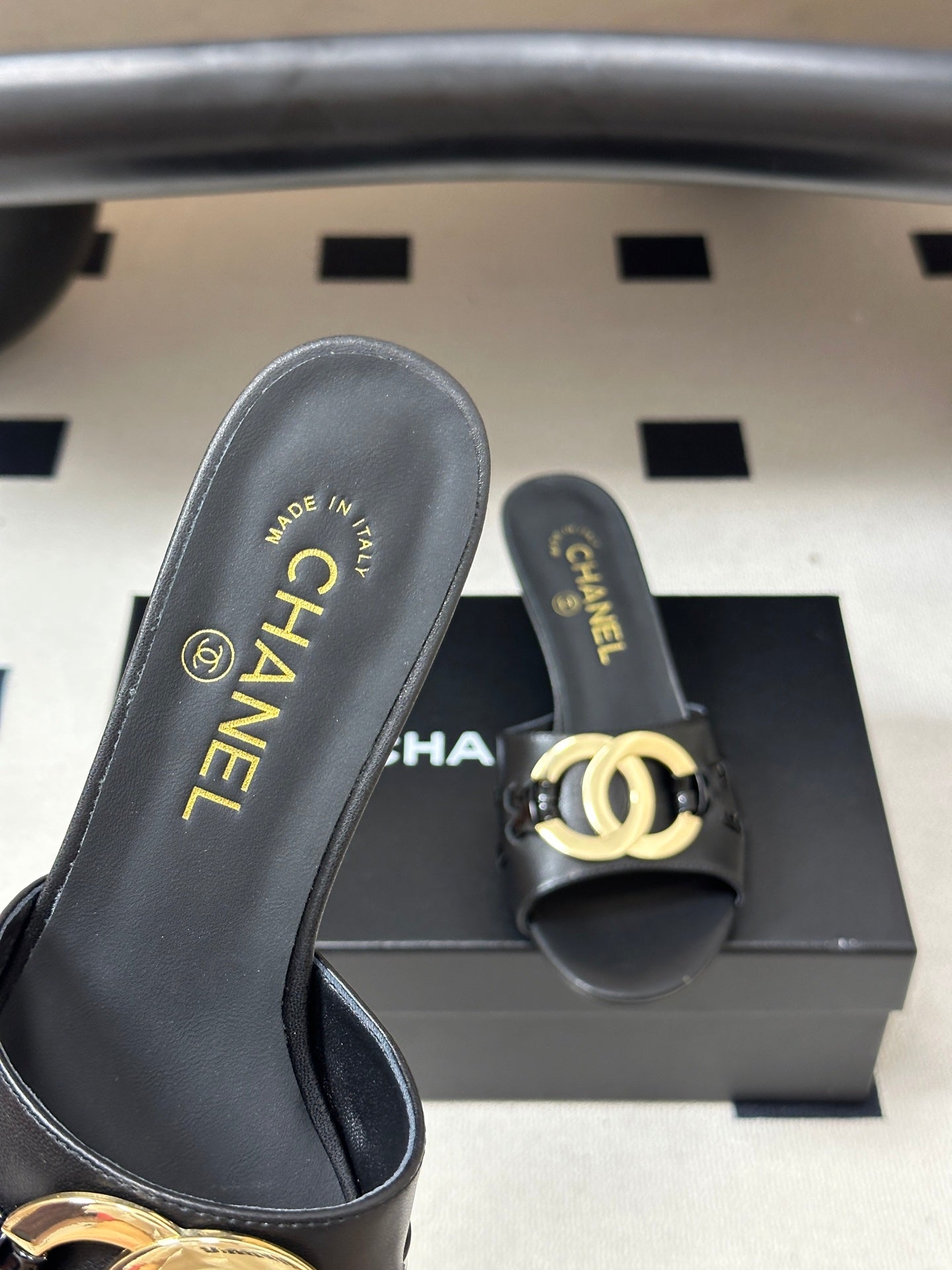CHANEL 26S HIGH HEEL MULE IN BLACK LAMBSKIN WITH GOLD TONE CC LOGO