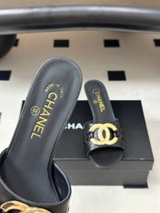 CHANEL 26S HIGH HEEL MULE IN BLACK LAMBSKIN WITH GOLD TONE CC LOGO