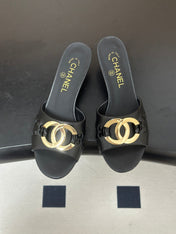 CHANEL 26S HIGH HEEL MULE IN BLACK LAMBSKIN WITH GOLD TONE CC LOGO