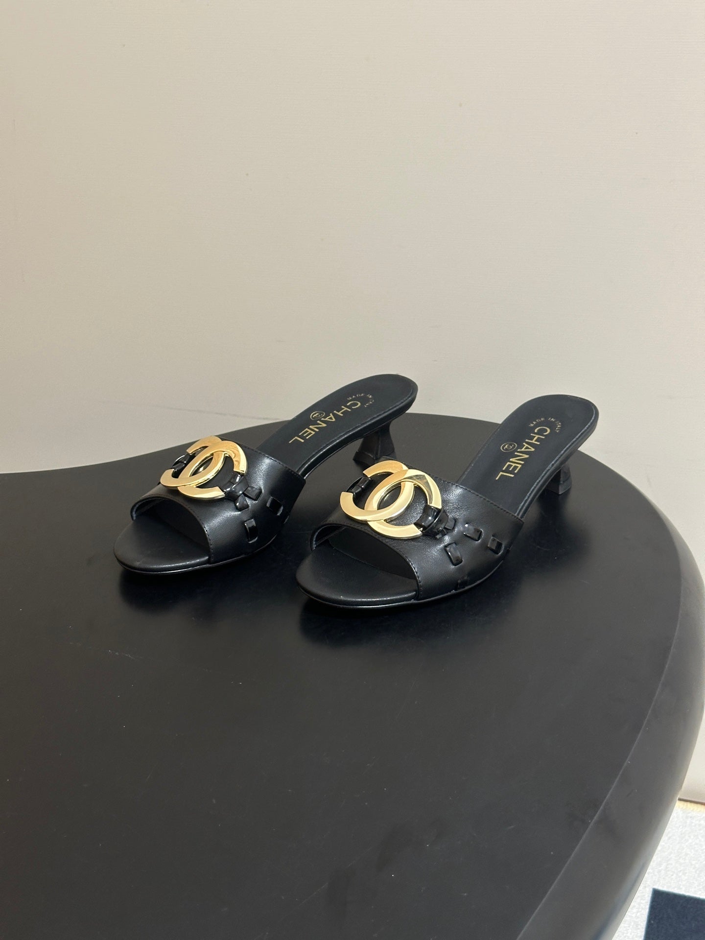 CHANEL 26S HIGH HEEL MULE IN BLACK LAMBSKIN WITH GOLD TONE CC LOGO