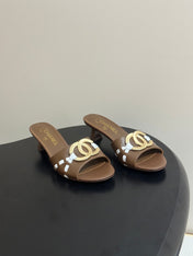 CHANEL 26S HIGH HEEL MULE IN BROWN LAMBSKIN WITH GOLD TONE CC LOGO