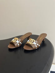 CHANEL 26S HIGH HEEL MULE IN BROWN LAMBSKIN WITH GOLD TONE CC LOGO