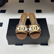 CHANEL 26S HIGH HEEL MULE IN BROWN LAMBSKIN WITH GOLD TONE CC LOGO