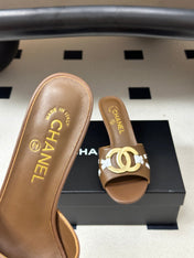 CHANEL 26S HIGH HEEL MULE IN BROWN LAMBSKIN WITH GOLD TONE CC LOGO