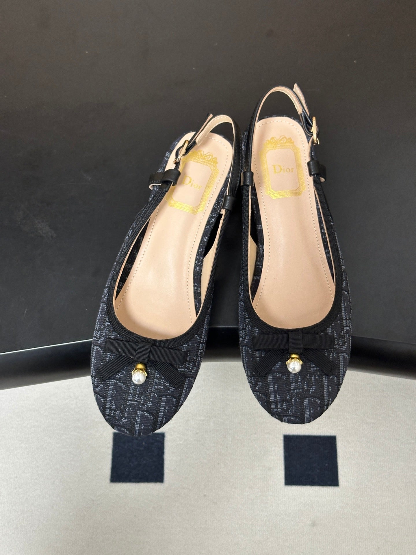 DIOR 26S SLINGBACK PUMPS 35MM IN BLACK BLUE DIOR OBLIQUE EMBROIDERED CANVAS WITH BOW
