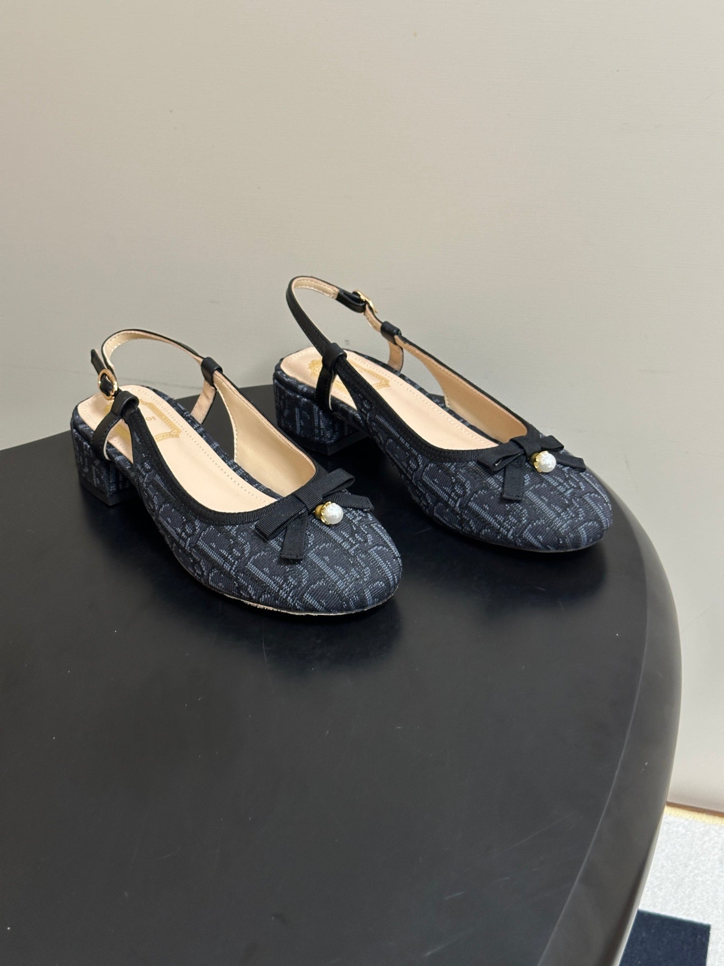 DIOR 26S SLINGBACK PUMPS 35MM IN BLACK BLUE DIOR OBLIQUE EMBROIDERED CANVAS WITH BOW