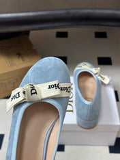 DIOR 26S MARY JANE HIGH HEELS 35MM IN LIGHT BLUE SUEDE WITH WHITE LOGO RIBBON