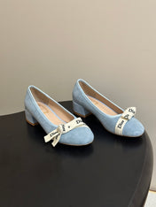 DIOR 26S MARY JANE HIGH HEELS 35MM IN LIGHT BLUE SUEDE WITH WHITE LOGO RIBBON