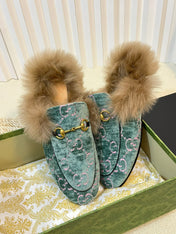 HORSEBIT MULE IN TURQUOISE MONOGRAM VELVET AND LAMB WOOL LINING
