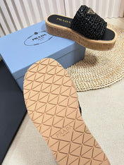 PRA WEDGE FLATFORM SLIDES BLACK RAFFIA