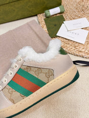 SNEAKER WITH WEB IN BEIGE GREEN FABRIC MIX SUEDE AND LAMB WOOL LINING