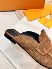 LV CAPRI OPEN BACK LOAFERS IN CHOCOLATE BROWN SUEDE