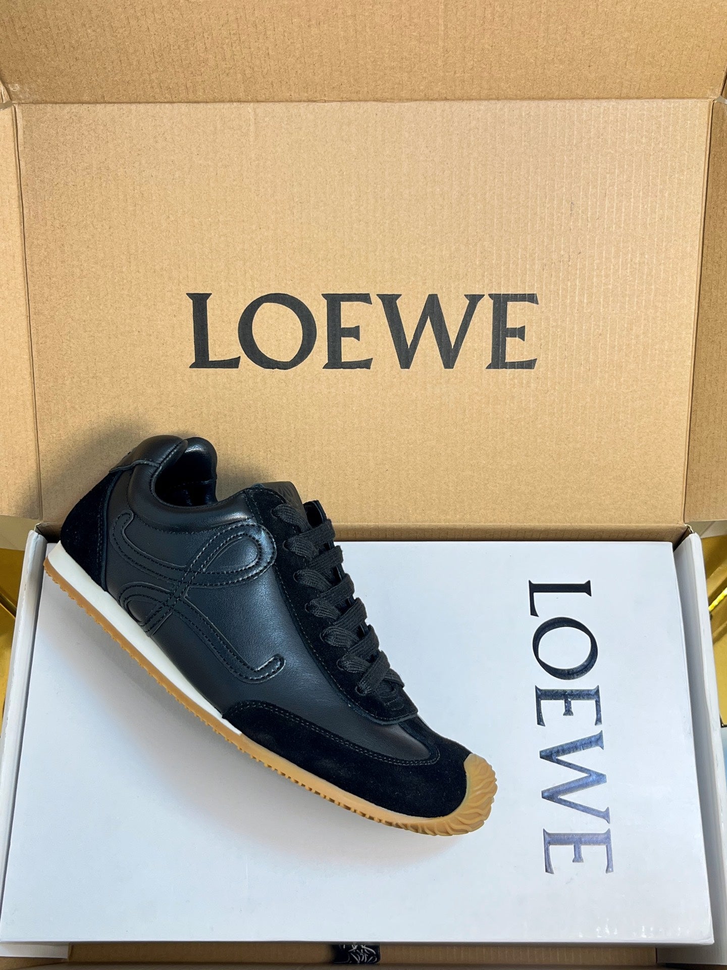 LOEWE 26S RUNNER 2.0 SNEAKERS IN BLACK CALFSKIN AND SUEDE