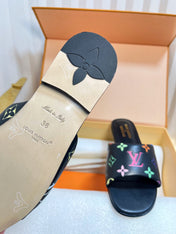 LV 26S FLAT MULES IN BLACK MULTICOLOR MONOGRAM CALFSKIN