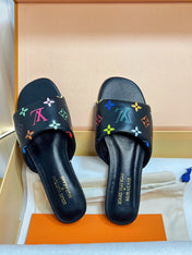 LV 26S FLAT MULES IN BLACK MULTICOLOR MONOGRAM CALFSKIN