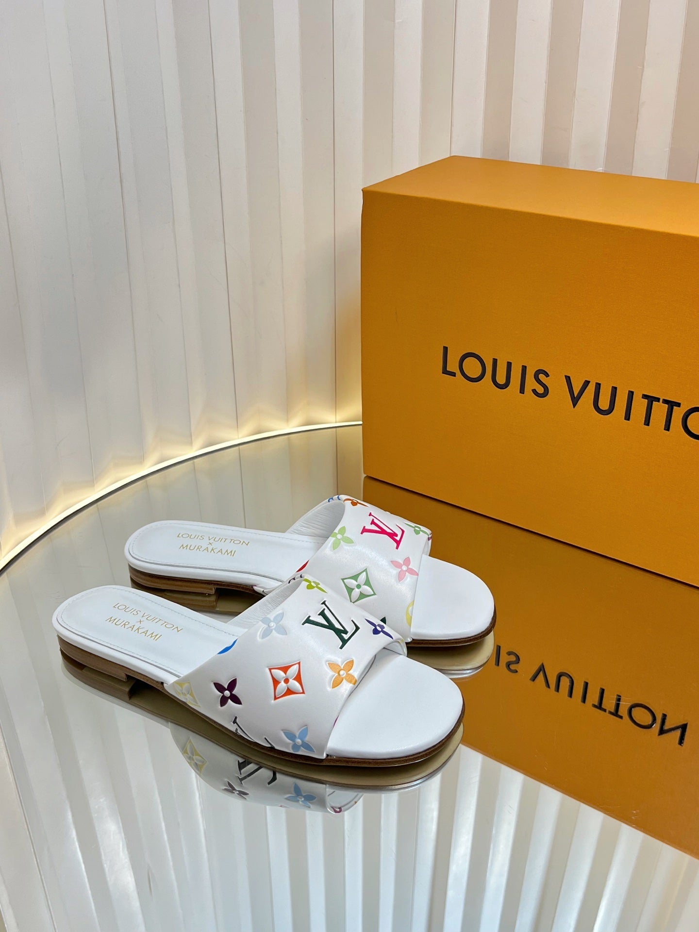 LV 26S FLAT MULES IN WHITE MULTICOLOR MONOGRAM CALFSKIN