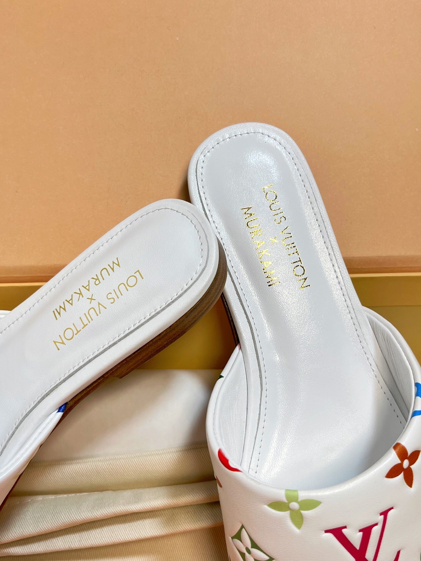 LV 26S FLAT MULES IN WHITE MULTICOLOR MONOGRAM CALFSKIN
