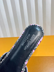 LV 26S FLAT MULES IN BLACK CALFSKIN CHERRY BLOSSOM MONOGRAM WITH BOW