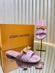 LV 26S FLAT MULES IN LIGHT PINK CALFSKIN CHERRY BLOSSOM MONOGRAM WITH BOW