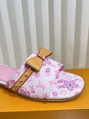 LV 26S FLAT MULES IN LIGHT PINK CALFSKIN CHERRY BLOSSOM MONOGRAM WITH BOW