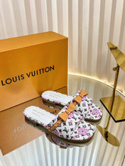 LV 26S FLAT MULES IN WHITE CALFSKIN CHERRY BLOSSOM MONOGRAM WITH BOW