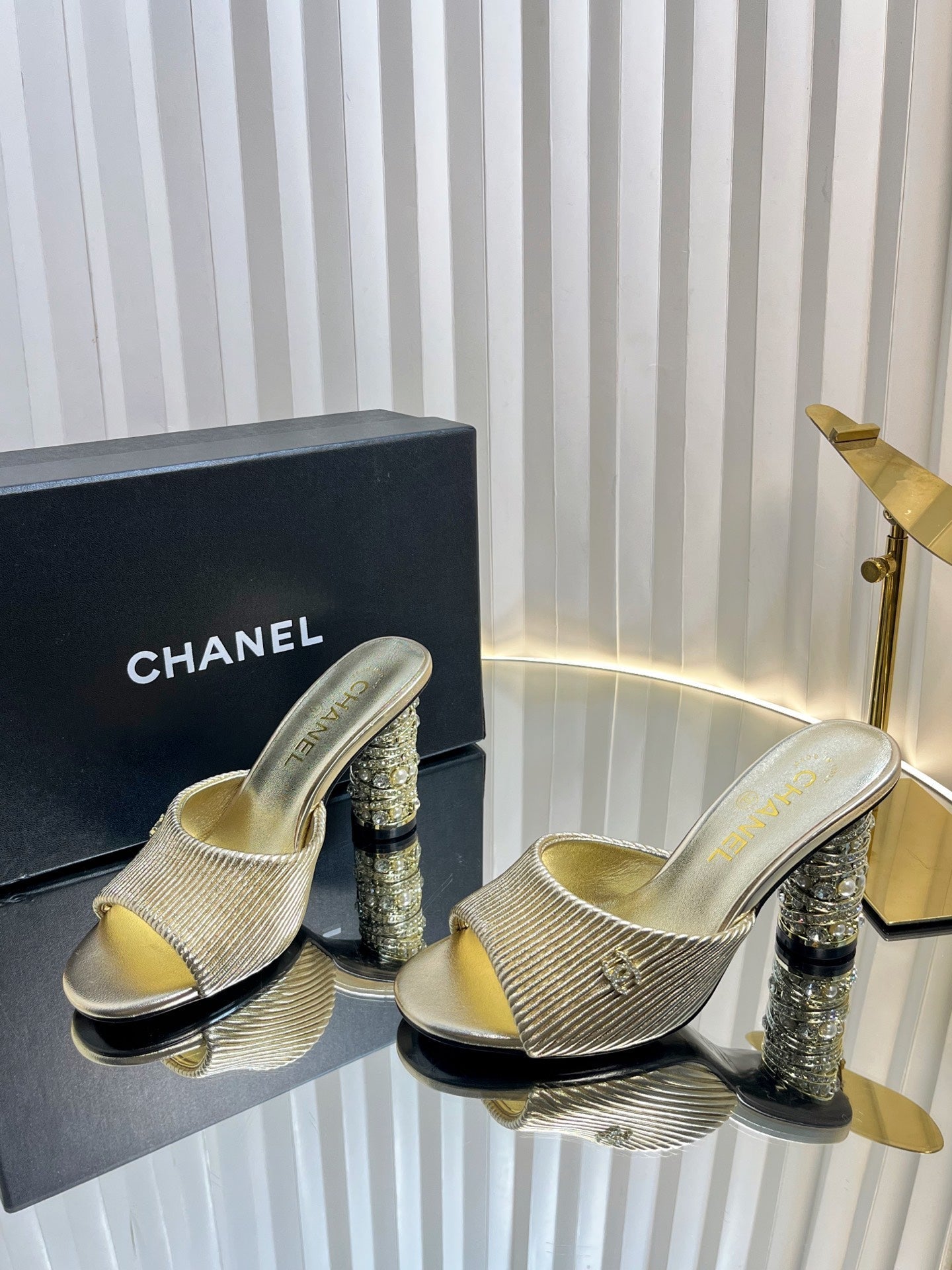 CHANEL 26S EMBELLISHED HEELED SANDALS 80 MM IN GOLD LAMBSKIN