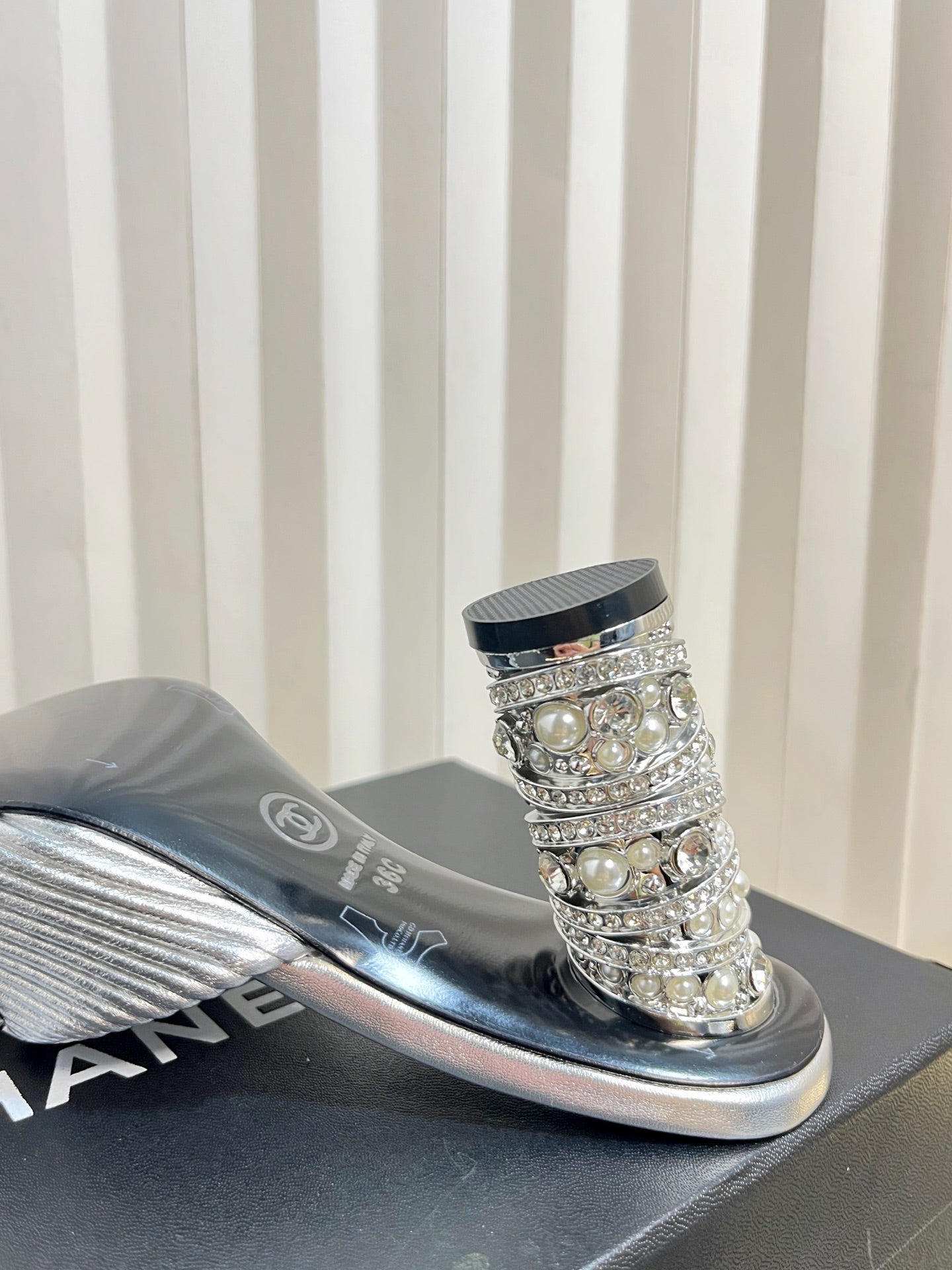 CHANEL 26S EMBELLISHED HEELED SANDALS 80 MM IN SILVER LAMBSKIN