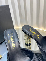 CHANEL 26S EMBELLISHED HEELED SANDALS 80 MM IN BLACK LAMBSKIN