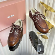 MIUMIU 26S FUR BOAT SHOES IN BROWN CALFSKIN