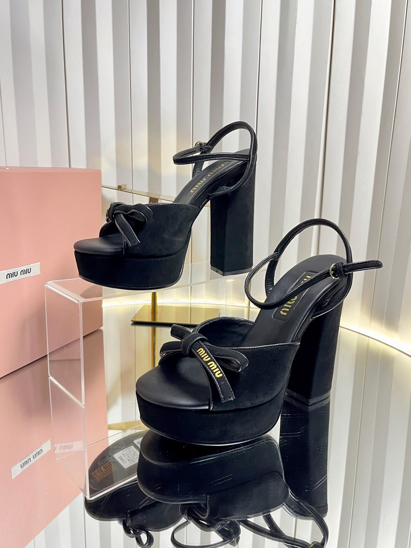 MIUMIU 26S PLATFORM ANKLE STRAP SANDALS 120MM IN BLACK SUEDE WITH BOW