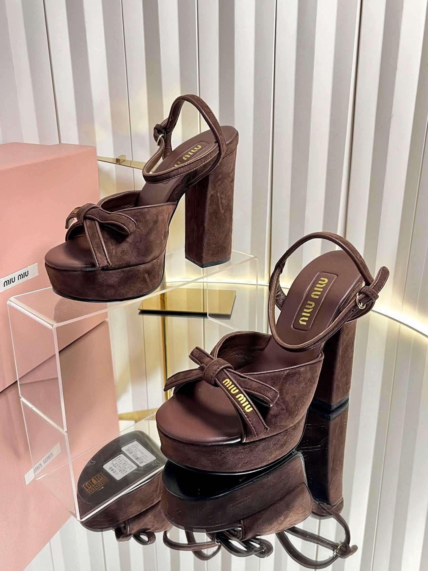MIUMIU 26S PLATFORM ANKLE STRAP SANDALS 120MM IN DARK BROWN SUEDE WITH BOW