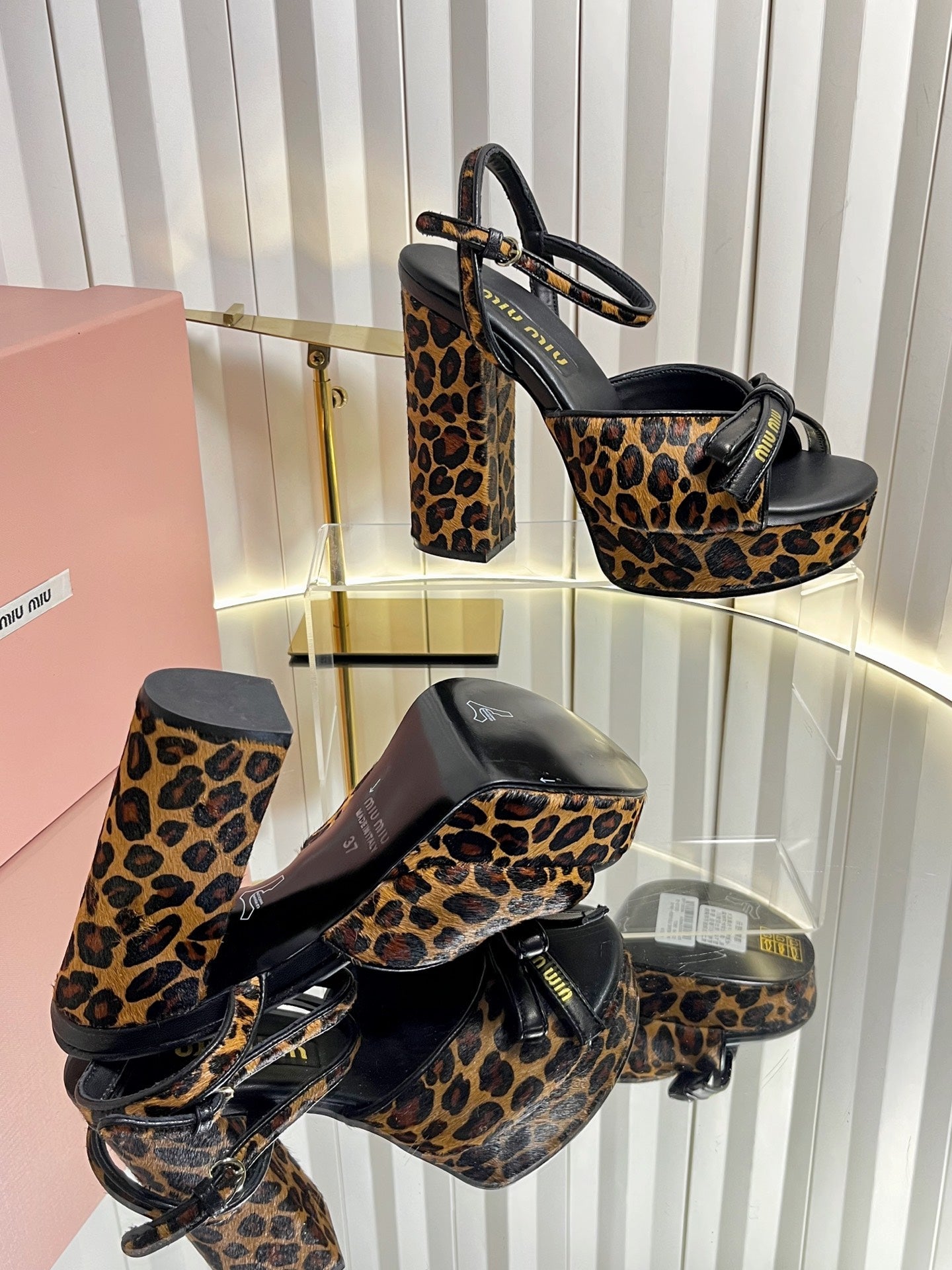 MIUMIU 26S PLATFORM ANKLE STRAP SANDALS 120MM IN LEOPARD PRINT CALF HAIR WITH BOW