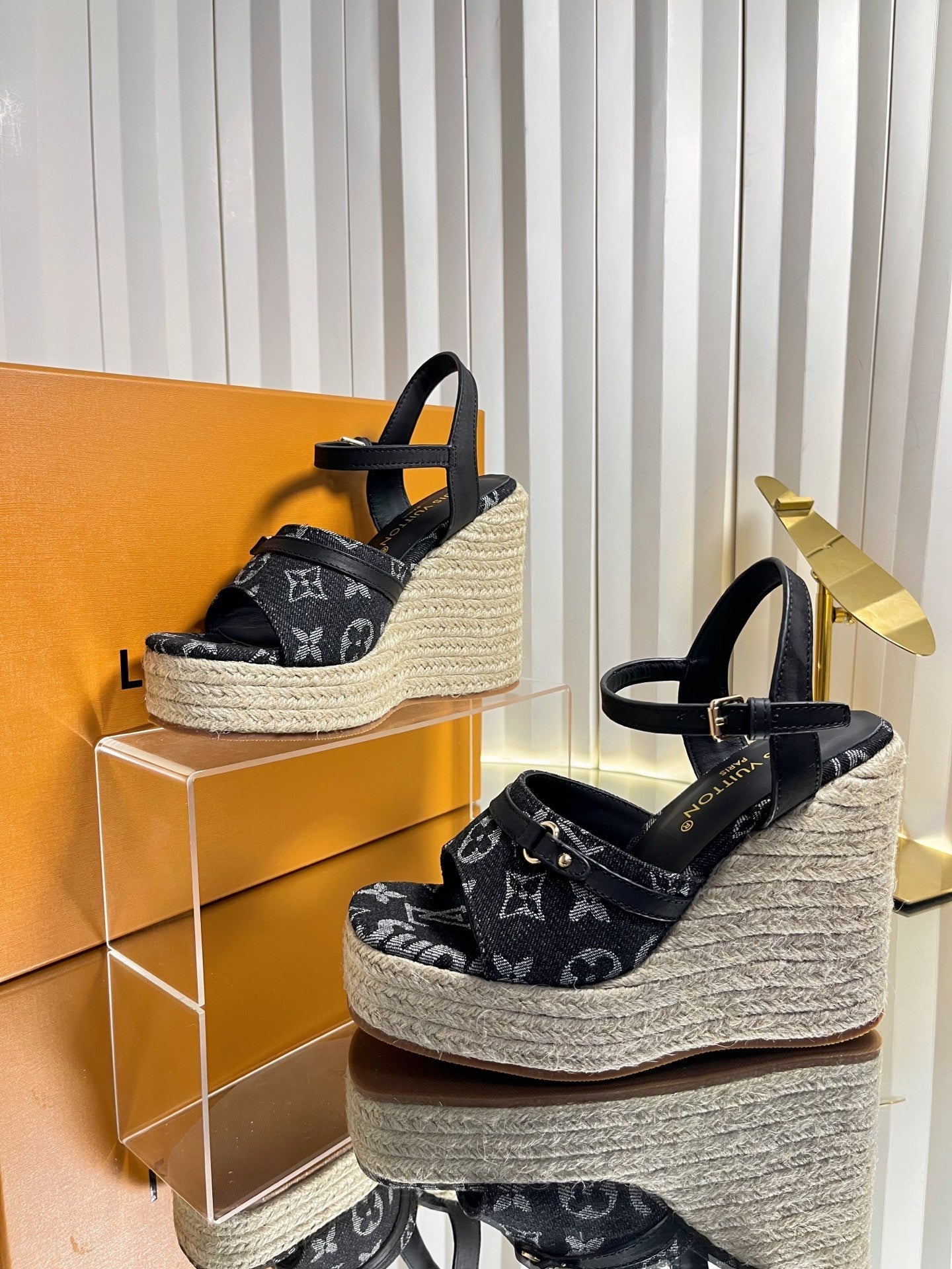 LV 26S HELIOS WEDGE SANDAL 120MM IN BLACK MONOGRAM DENIM