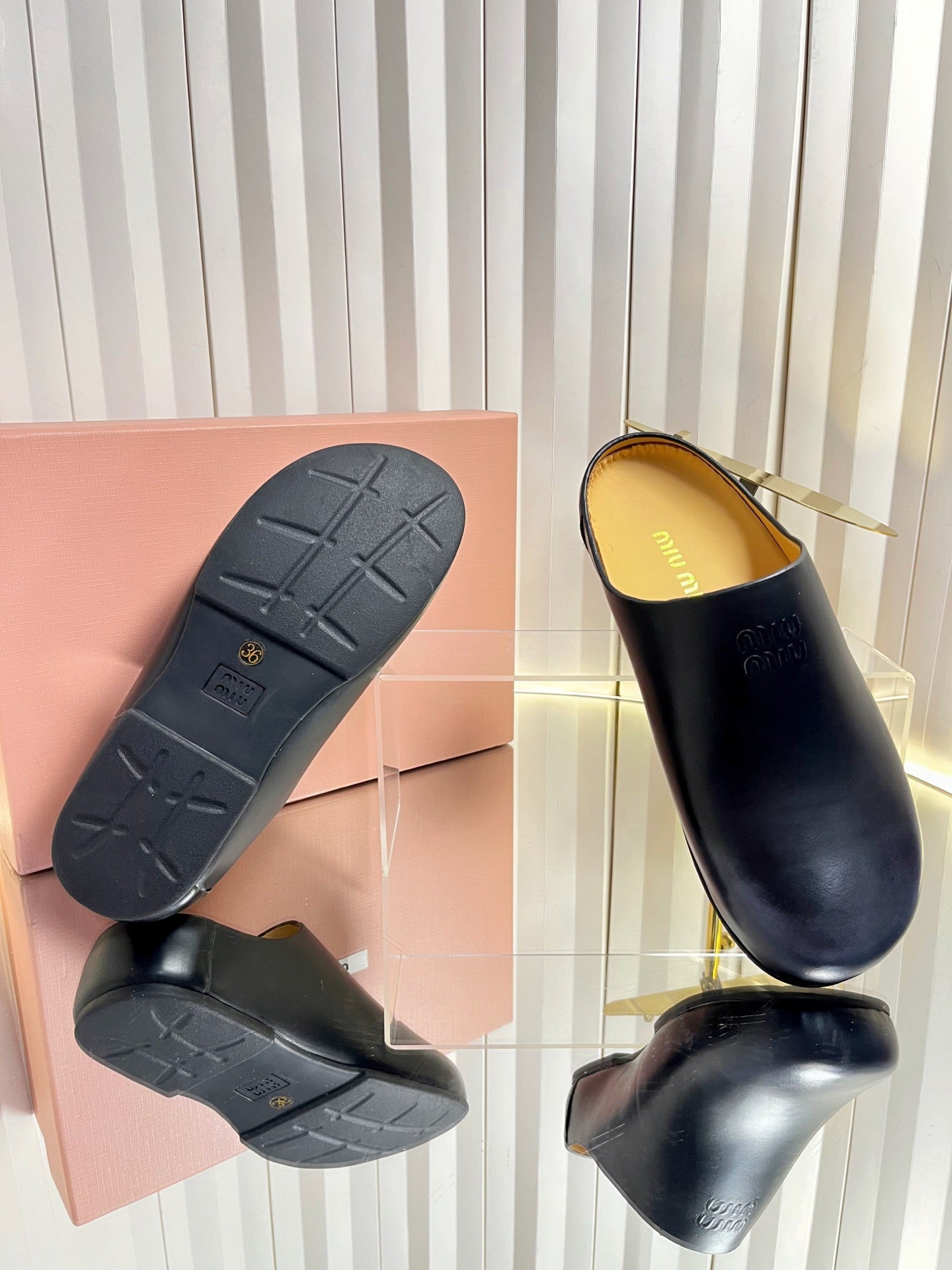 MIUMIU 26S CLOG MULES IN BLACK CALFSKIN