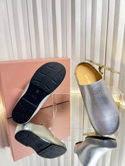 MIUMIU 26S CLOG MULES IN SILVER CALFSKIN
