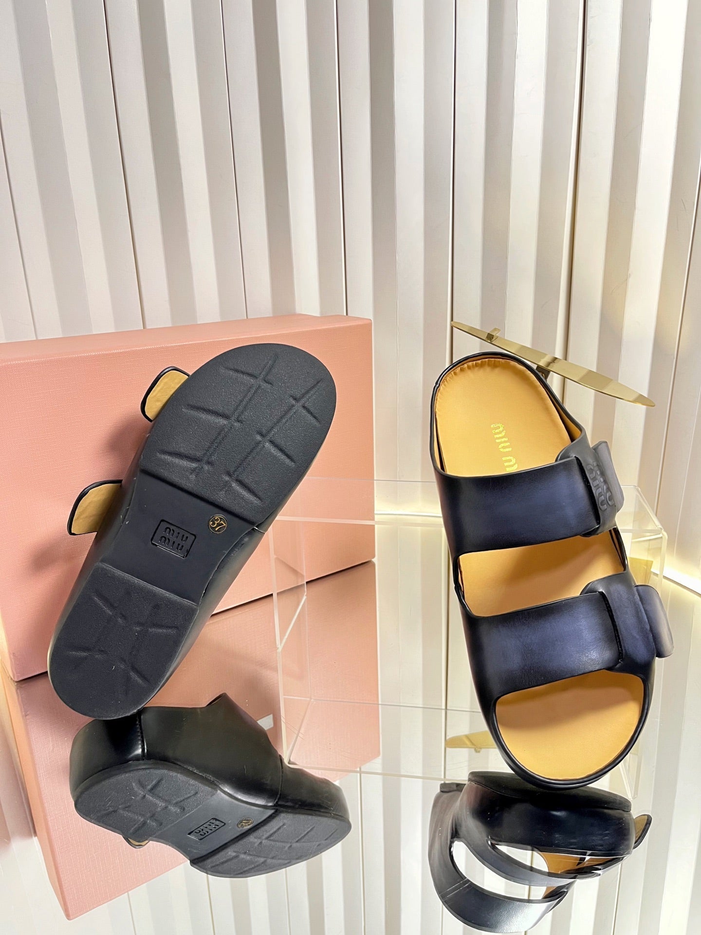 MIUMIU 26S DOUBLE-STRAP SLIDES IN BLACK CALFSKIN