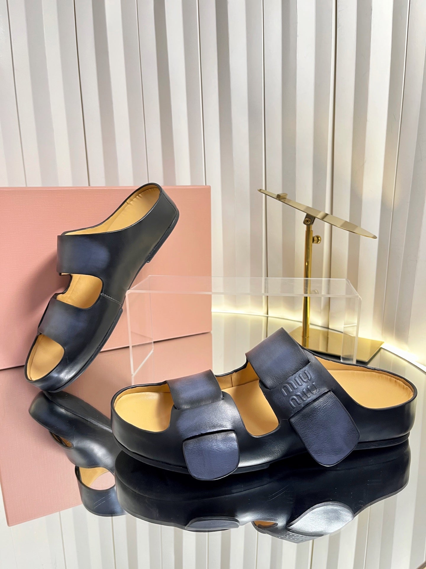 MIUMIU 26S DOUBLE-STRAP SLIDES IN BLACK CALFSKIN
