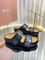 MIUMIU 26S DOUBLE-STRAP SLIDES IN BLACK CALFSKIN