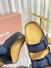 MIUMIU 26S DOUBLE-STRAP SLIDES IN BLACK CALFSKIN